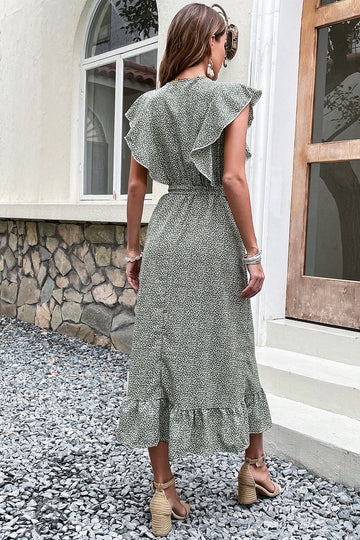 V Neck High Waist Green Summer Dress